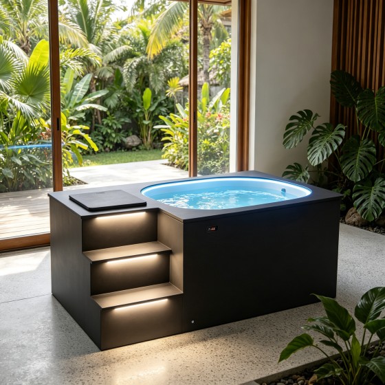 Integrated Cabinet Spa Hot Tub, Outdoor Constant Temperature Massage Tub with LED Light & Steps