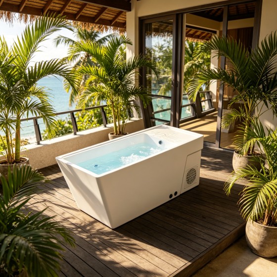 Rectangular Freestanding Massage Bathtub, All-in-one Outdoor Spa Tub