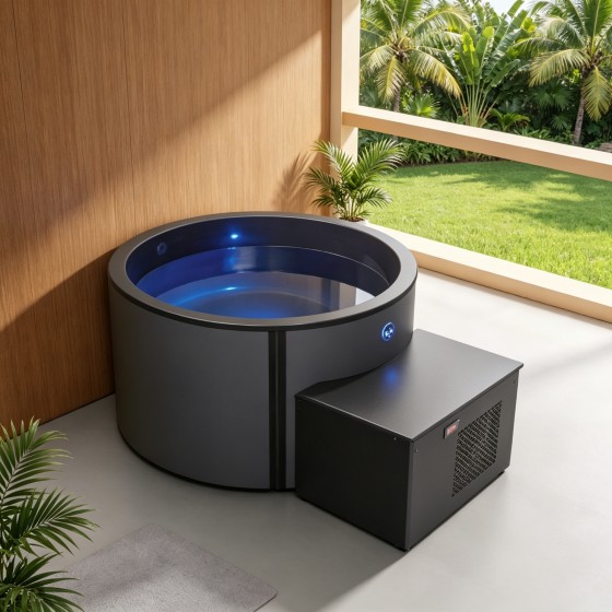 Round Freestanding Constant Temperature Spa Hot Tub, External Unit Massage Tub with LED Light